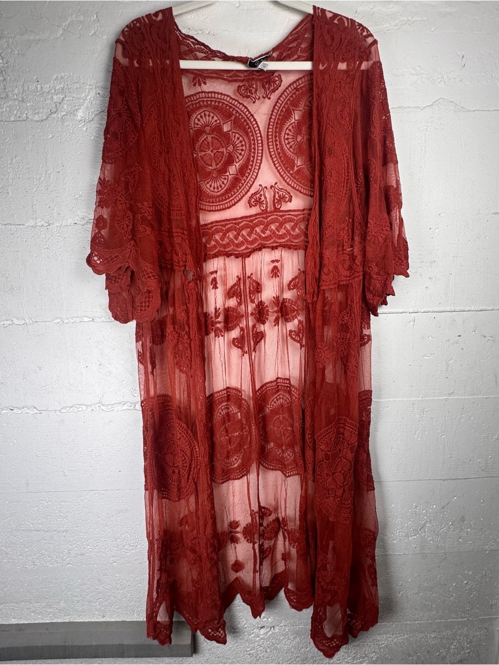 Red Orange‎ Sheer Embroidered Cover-Up lace burnt orange Festival boho Western